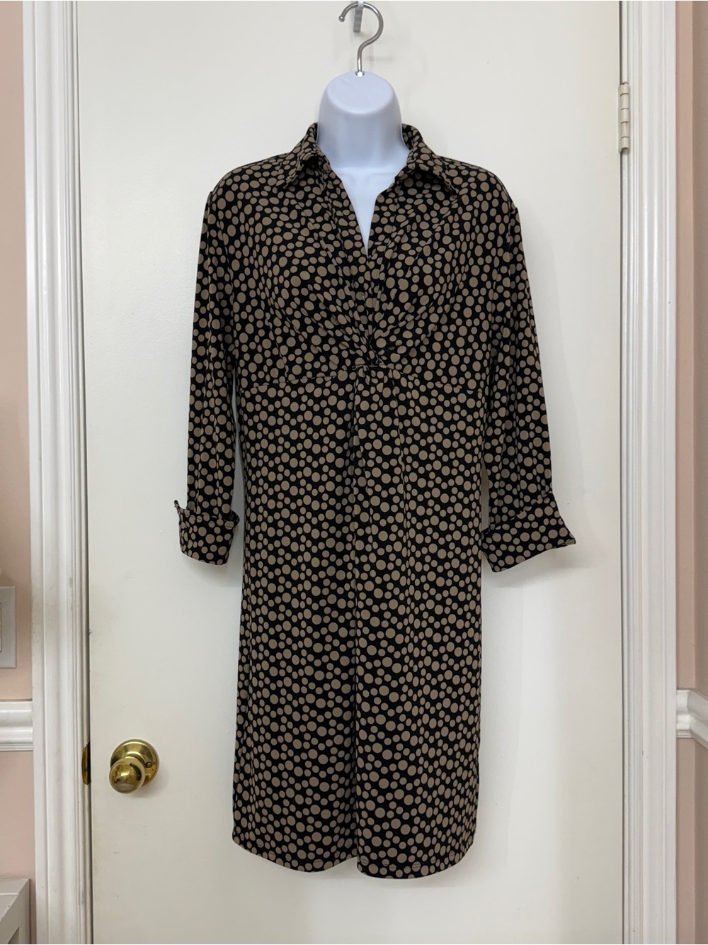 TravelSmith Polka Dot Shirt Dress Midi Twist Front Black Tan USA Made Sz SP